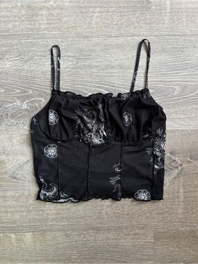 SHEIN Black Dragon Print Mesh Crop Camisole